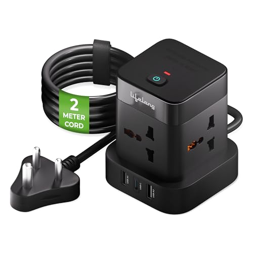Image of Lifelong Electronics Extension Board 7-in-1 with Switch | 4 AC Sockets + 3 USB Ports (2 Type A + 1 Type C) | Overload Protection | Desk Accessories & Multiplug Gadget | 2M Cord (Model: Cube)