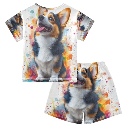 senya Short Sleeve Pajamas Sets Summer Cotton Sleepwear Watercolor Corgi Dog2