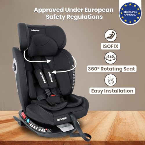 Image of Infantso Premium RIDE-ON (6 in 1) - ISOFIX (ECE R44 /04 Certified) Car Seat 360 Rotating Recliner Baby Car Seat for 0 to 12 Years Convertible Carseat for Baby & Kids | Forward Facing & Rear Facing, 5-Adjustable Recline Levels, Adjustable Headrest with 3-Point Safety Harness (All Black)