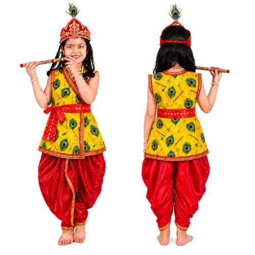 Image of Sarvda Krishna & Radha Dress for Kids - Complete Janmashtami Costume Sets with Dhoti /Lehenga, Mukut, Mor Pankh, Bansuri & Accessories | Fancy Dress for Baby Boys & Girls