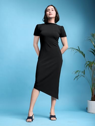 Image of PURVAJA Women's Bodycon Midi Short Sleeve High Neck Solid Dress