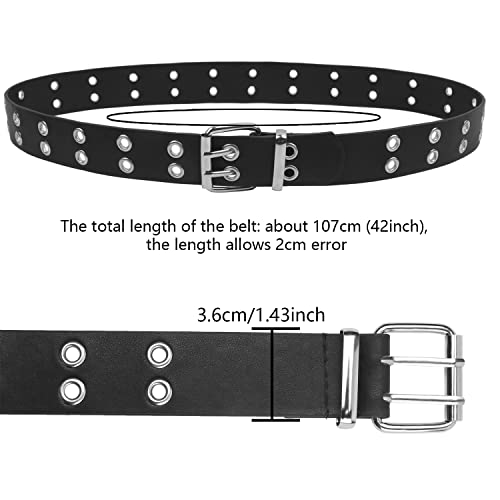 Thboxes Double Grommet PU Leather Eyelet Belt Black Goth Waist Belt with Chain and 2 Holes for Women and Men Jeans, Skirts or Dresses