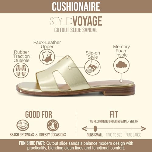 Image of CUSHIONAIRE Voyage Cutout Strap Slides for Women, Slip On Summer Flats, Trendy Footwear, Memory Foam Vegan Leather Comfortable Vacation Style Sandals