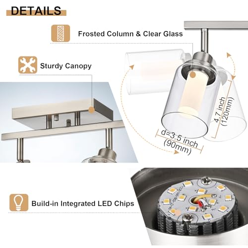 Image of 5-Color Temperature 5-Light LED Track Lighting Fixtures Ceiling, Brushed Nickel Spotlight Bathroom Wall Lamp with Integrated LED Chips & Clear Glass Shade & Frosted Column