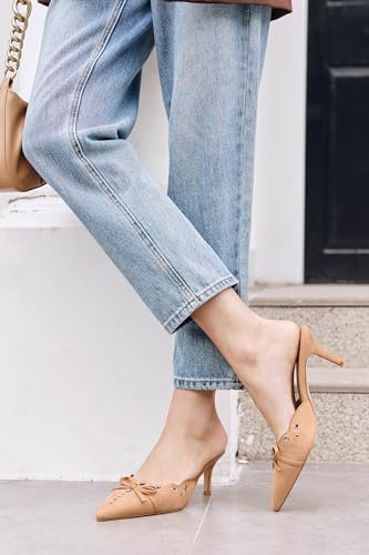 Coutgo Women's Bow Tie Mule Heels Pointed Toe Studded Backless Stilettos Slip On Dress Pump Shoes3