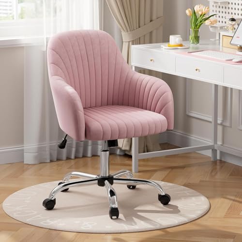 Image of AZAKEE Velvet Office Chair with Wheels & Armrests - Mid-Back Swivel Desk Chair for Home Office, Study, Bedroom & Vanity - Adjustable Height, Comfortable & Stylish (Pink)