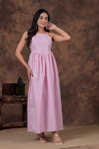 Image of Daevish Cotton Stripe Printed Flared Maxi Dress for Women | Women Flared Dress