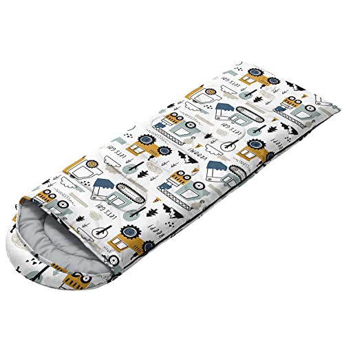 Datura home Kids Sleeping Bag for Boys Girls,Construction Truck Print-Lightweight Warm Portable Outdoor Indoor-Waterproof Cold Weather Resistant Sleeping Bag for Camping Hiking(Truck)