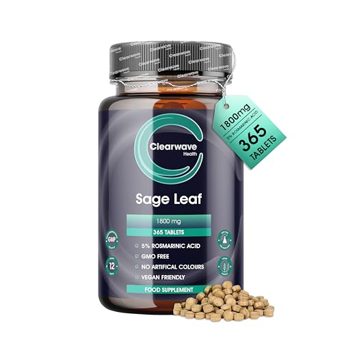 Sage Tablets - 365 Pack - 1 Year Supply - 1800mg High Strength Sage Leaf Tablets - Menopause Supplements - Vegan - By Clearwave Health