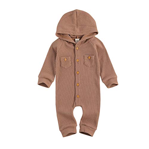 Image of Ynibbim Winter Newborn Baby Boy Girl Solid Romper Unisex Infants Hooded Outfit Clothes Waffle Cotton Button Jumpsuits