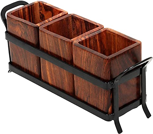 Image of Wooden and Iron Cutlery Holder, Cutlery Set For Dining Table, Spoon Stand For Kitchen, Utensils Holder For Kitchen, Multipurpose Organizer Stand (Set of 3) | Vervique Emporium Wooden Cutlery Holder with Removable Compartments