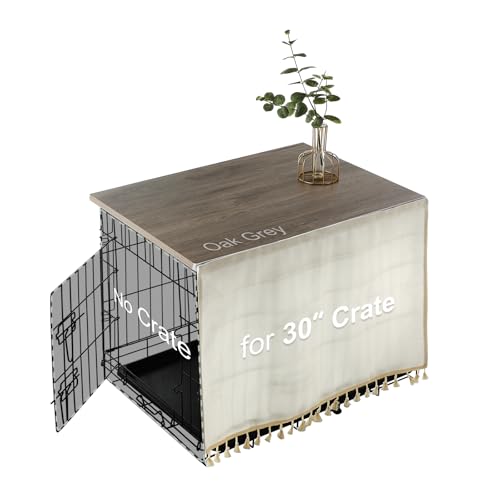 VIE DE AMAN Dog Crate Topper Wood for 48 42 36 24 inch Cages Dog Crate Table Topper with Tassel Curtain Rustic Style Dog Kennel Topper Oak Grey(Dog Crate Not Include)