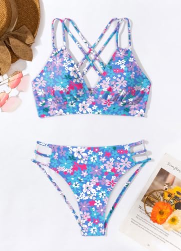Tainehs Women's Push Up V Neck Bikini Sets Criss Cross Back Two Piece Bathing Suit Pink Flower3