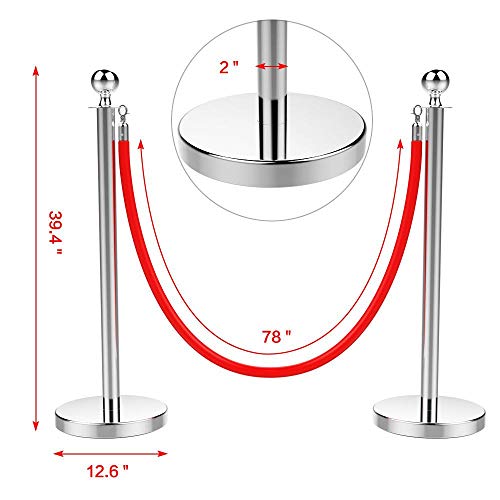 Yaheetech 4Pcs Crowd Control Stanchions - 6.5Ft Red Velvet Rope Retractable Stanchion Posts Barrier & 39.4'' Height Stainless Steel Polish Stanchion Set For Theater Hotels Clubs Museums - Silver #TOP2