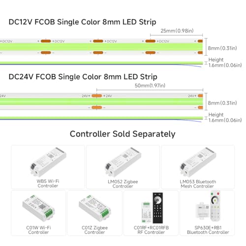 Image of BTF-LIGHTING Ice Blue COB LED Strip Light, UL Listed 480LED /m High Density Uniform Light,16.4FT DC12V 8mm Width 3M Tape Light for Cabinet Bedroom Home Indoor DIY Lighting(No Adapter or Controller)