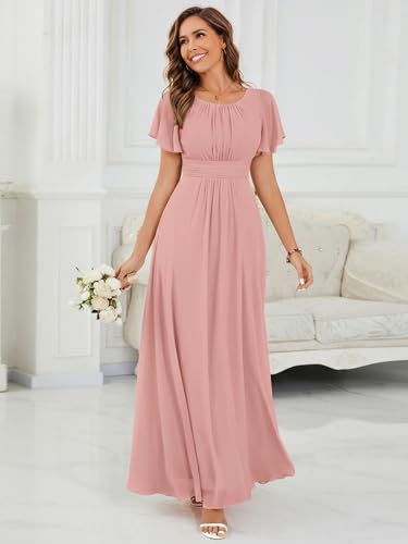 Image of Ever-Pretty Women's Spring Elegant Round Neck Short Sleeve Chiffon Empire Waist Floor Length Formal Dresses Bridesmaid Dress