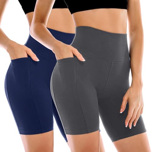 Image of Leafigure 2 Pack Womens Biker Shorts with Pockets 6 inch | High Waisted, Tummy Control, Running, Gym, Workout, Yoga Shorts