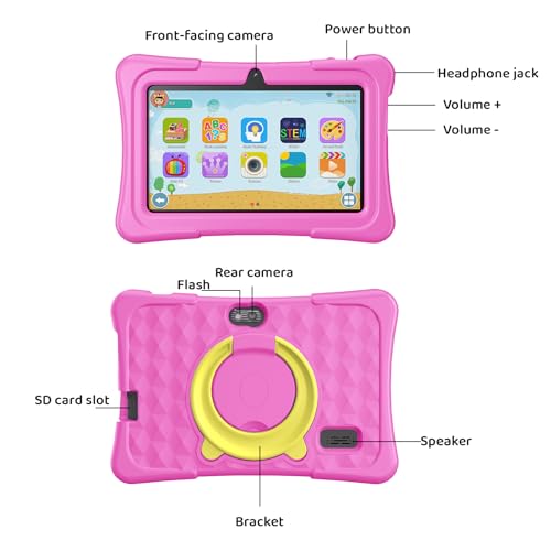 Image of Kids Tablet, 7 Inch Android 15 Tablet for Kids, 8GB+32GB 1TB Expanding, Quad Core Toddler Tablets with Shockproof Case, BT5.0, WiFi 5, Parental Controls, Games, Dual Camera (Pink)