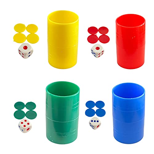 PLAYZOCO Pack de 4 cubiletes dados y fichas de parchís, Set de Cubiletes, dados y fichas, Kit de accesorios de parchís, Juego de Dados y Fichas para Parchís