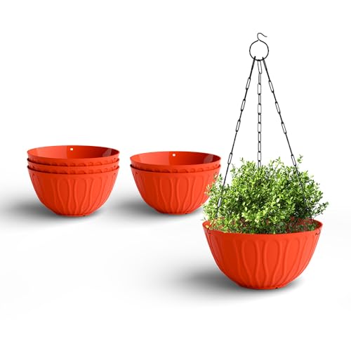 Image of YUCCABE ITALIA SHERA Hanging Wave 8 Inch Plastic Flower Pot for Plant Pack of 6 Pcs Round Shape Hanging Pot for Balcony Railing Planters for Indoor and Outdoor Garden (Red)