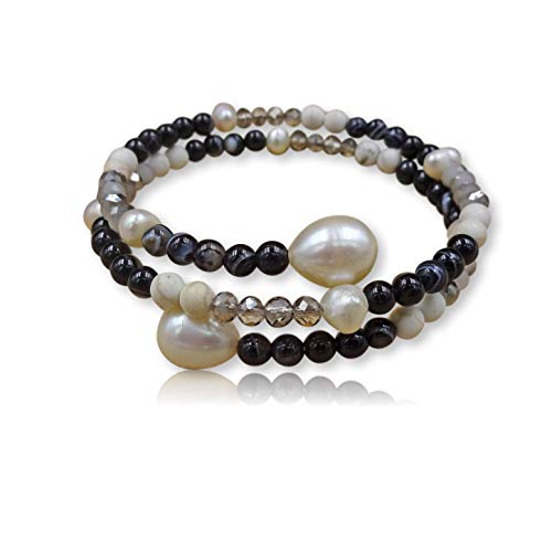 Image of Natural Multi-Gem Stone Crystal Multi Wrap Memory Wire Bracelet With Cultured Fresh Water Pearl Cap on Each End