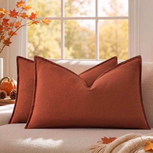 Image of decorUhome Fall Rust Linen Throw Pillow Covers 12x20 Set of 2 | Decorative Soft Cozy Modern Farmhouse Boho Accent Pillow Cases with Flange Edges for Couch Bed Sofa Living Room Home Decor