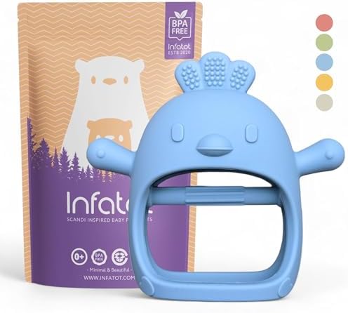 Infatot® Teething Toys for Baby Gifts – Chicken Silicone Mitten Teether, Soothing Glove for Infants, Baby Toys 0-6 Months, Soft Chewable Teether Toy to Prevent Finger Sucking, Blue