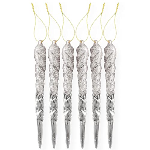 AKH® 13CM / 5 Christmas Hanging Icicles | Icicle Ornaments Bubbles | Pack of 6 | Glitter Baubles (Silver)