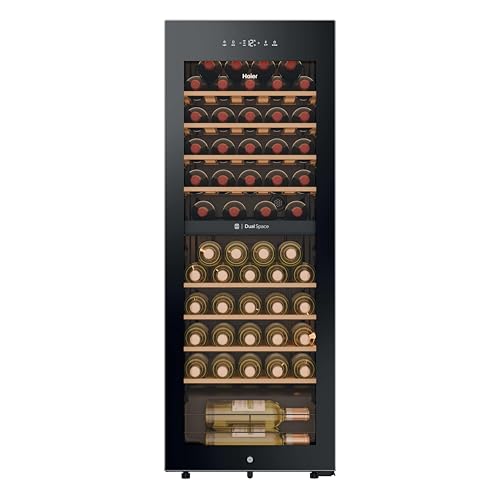 Haier Wine Bank 50 Series 5 HWS56GDG Vinoteca de 56 botellas, 2 Zonas independientes, Estantes de madera, Filtro Anti-UV, Sistema Antivibración, Display Digital, Iluminación LED, 37 dbA, Negra