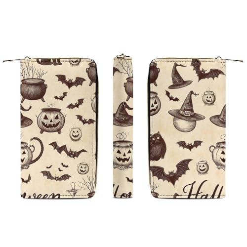Women's Cute Decor Wallet, Long PU Zipper Wallet, Travel Purse Fashion Design, Huge Storage Capacity Purse Halloween Decorations Black Cat Bat Pumpkin Skull Party Pattern3