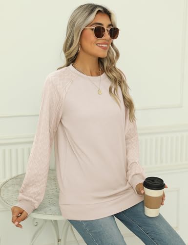 Image of LOMON Long Sleeve Shirts for Women Dressy Casual Crewneck Cable Knit Sleeve Sweaters Lightweight Pullover Tunic Tops