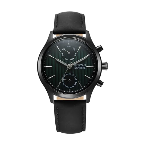 Image of Titan Sapphire Quartz Multifunction Green Dial Black Leather Strap Watch for Men - NT1874NL01