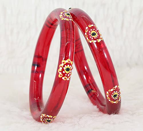 Image of NMII Traditional Glass With Diamond Cutting Pattern Glossy Finished Stylish Kada Set For Women And Girls | Crystal Glass Kada Bangles Set For Wedding, Festive
