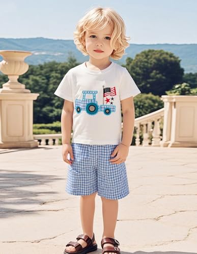 Image of Toddler Boy 4th of July Outfit Embroidered American Flag /Truck Shirt+Striped Shorts Independence Day 1-5T
