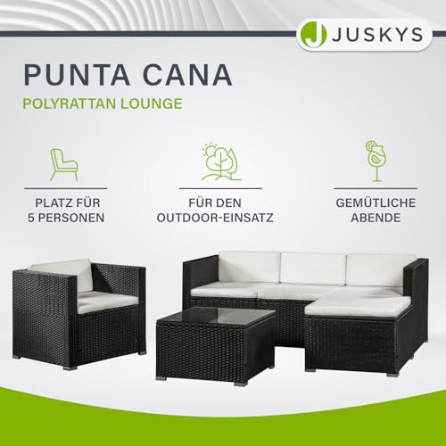 Juskys Polyrattan Lounge Punta Cana L schwarz — Gartenlounge Set für 4-5 Personen — Gartenmöbel-Set mit Sessel, Sofa, Tisch & Hocker – Sitzbezüge in Creme - 2