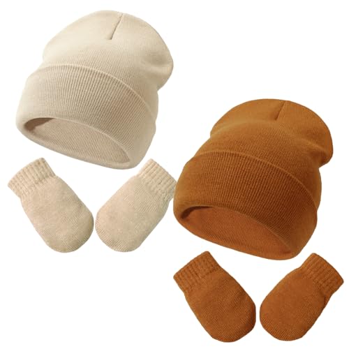 Image of Baby Beanie Hat Gloves Set, Kids Winter Warm Knit Hat with glvoes,Toddler Soft Beanie for Little Boys Little Girls Children