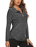 Koscacy Workout Tops for Women Long Sleeve, Shirts V Neck Half Zip Golf Pullover for Ladies Gym Training Outdoor Sports Shirts Workout Tennis Top Black Large