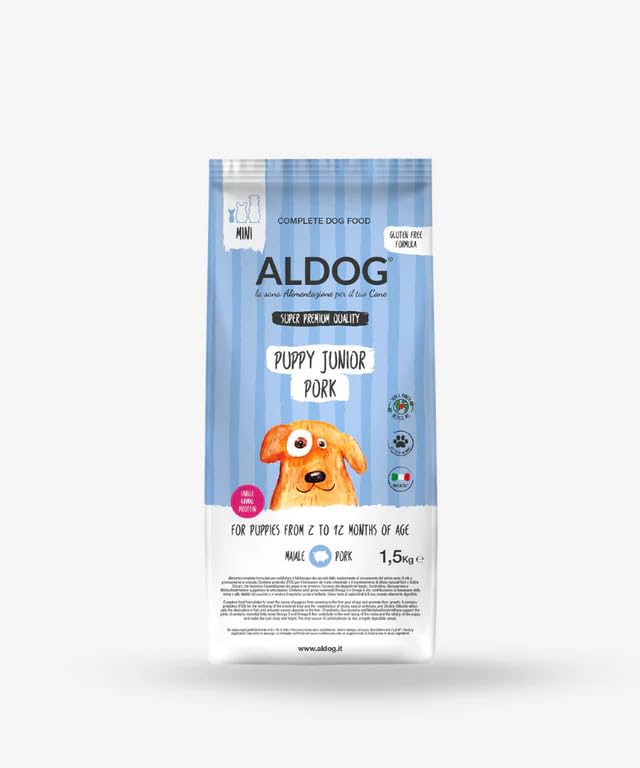 Cane Aldog Crocchette Monoproteiche per Cani Puppy, alimento per cani cuccioli di tutte le taglie e razze, N. PUPPY-JUNIOR PORK Crocchette Mini, 1 confezione da 1,5kg, 1x1,5kg.
