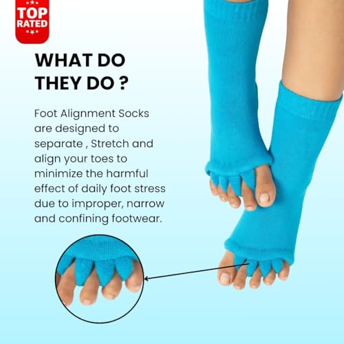 Image of DIRTS Original Foot Alignment 5-Toe Separator Orthopedic Cotton Socks for Women & Men - Bunion Corrector & Plantar Fasciitis Support (Blue, Large)