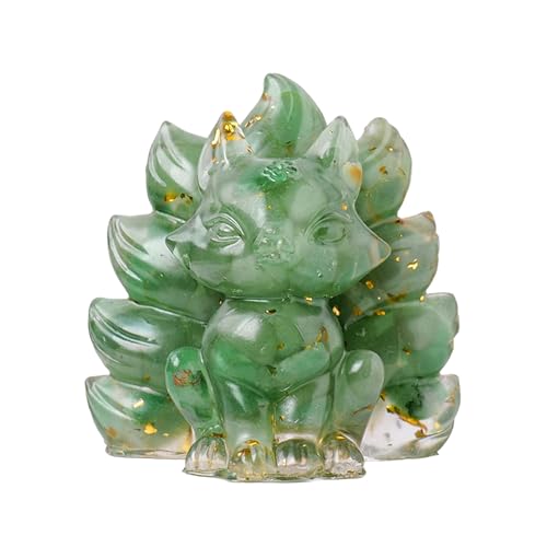 Shienfir Figura de zorro de escritorio, estatua de cristal sintético, piedra natural, zorros de nueve colas, tallado a mano, colorido animal sentado para el hogar, oficina, color verde