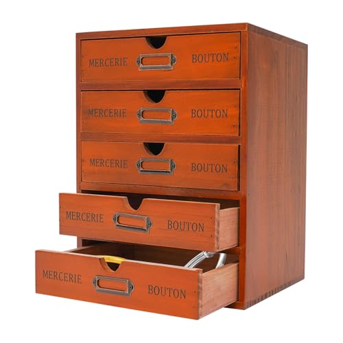 Vintage Wooden Desk Organizer with 5 Drawers, Wooden Storage Box Desktop Storage Drawer, Stackable Library Card Catalog Cabinet Apothecary Cabinet w/Label Slots for Home School Office Supplies