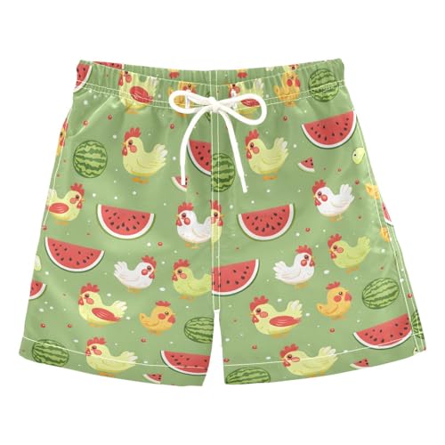 ALAZA Yellow Chicken Watermelon Dot Boys Quick Dry Beach Board Shorts Kids Swim Trunks Bathing Suit Swimsuit
