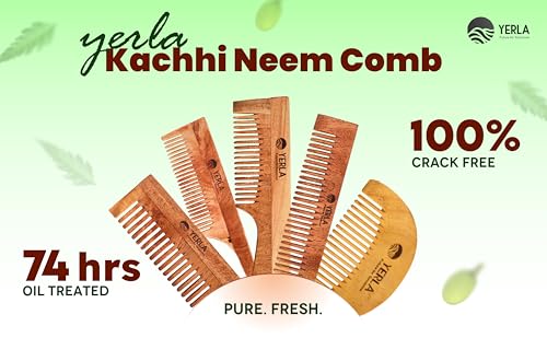 Image of YERLA Handmade Kacchi Neem Wooden Comb Set for Women & Men | Herbal Hair Growth Comb Infused with 17 Herbs & 4 Natural Oils | Anti-Dandruff, Frizz Control & Shine | Multi-Size Wooden Comb Combo (Pack of 2)