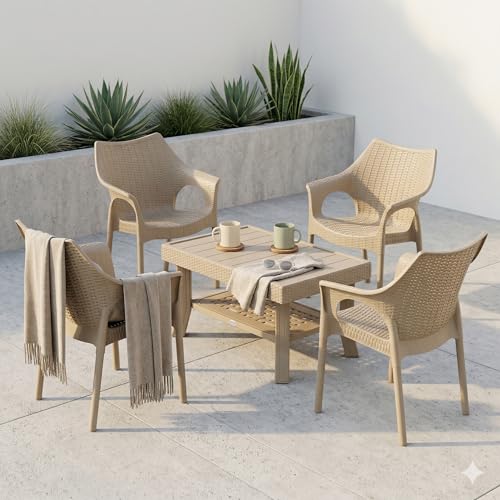 Image of Oaknest Supreme Cambridge with Vegas Plastic Outdoor Chair and Table Set | 4 Rattan Chairs + 1 Table | Weatherproof, Lightweight | Garden & Patio Use Dark Beige