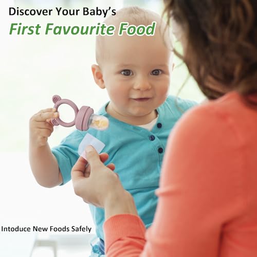 JEXFUN Silicone Baby Fruit Food Feeder Pacifier & Breastmilk Popsicle Freezer Molds, Baby Food Storage Containers Breast Milk Ice Cubes for Baby Teething & Infant Self Feeding, BPA Free - (Pink) - Thumbnail 6