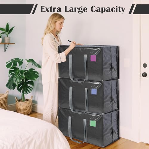 Image of 12 Pack Moving Bags with Full-Open Side Zipper, Extra Large 93L Heavy Duty Waterproof Foldable Storage Totes for College Dorm, Moving & Home Organization Gray