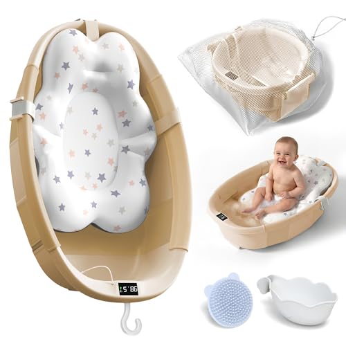 Collapsible Baby Bathtub - Large Baby Bath Tub with Thermometer | Bath Essential Bañera para Bebe Easy Fold Baby Tub | Travel Infant Newborn Toddler Bathtub for Baby Girl Boy 0 to 36 Months(Khaki)