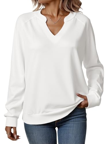 Tankaneo Sweatshirt Damen V Ausschnitt Pullover Leicht Elegant Langarmshirts Casual Baumwoll Oberteil Sexy Locker Pulli Basic Top Einfarbig Weiß XL