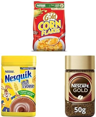 Nestlé Gold Corn Flakes Tam Tahıllı Mısır Gevreği 650 g x 1, Nesquik Çikolatali Toz İçecek 420 Gr x 2, Nescafé Gold Çözünebilir Kahve Kavanoz 50 g x 1
