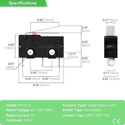 Jandeccn 20Pcs Limit Switch Ac 5A 125 250V Spdt 1No 1Nc Short Straight Hinge Lever Arm Micro Switch Kw12 (Type B) #TOP3